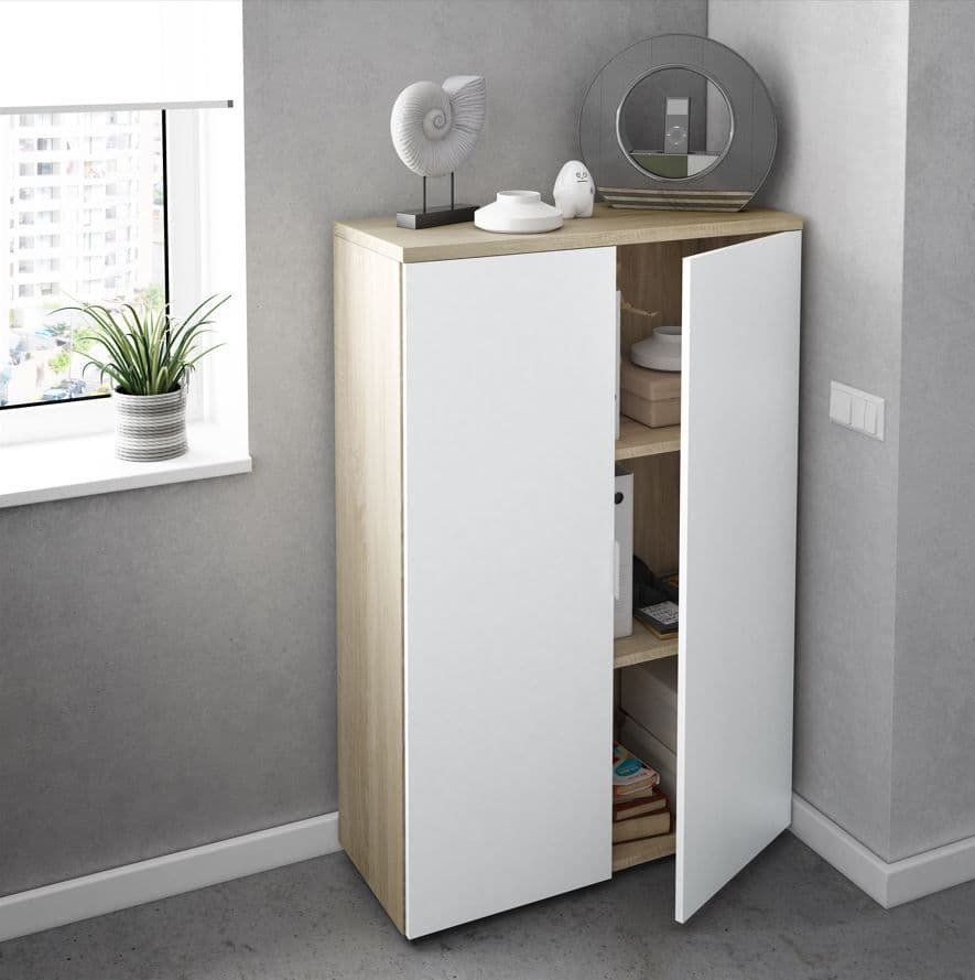 Oak and White Storage Cupboard with 2 Shelves and 2 Doors