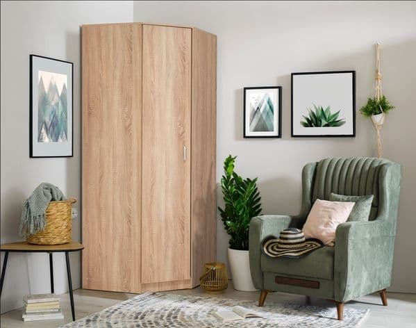 Lavish Kitchen Isle Miami Sonoma Oak Effect Corner Wardrobe with 1 door, hanging rail, and shelves in a modern oak finish.