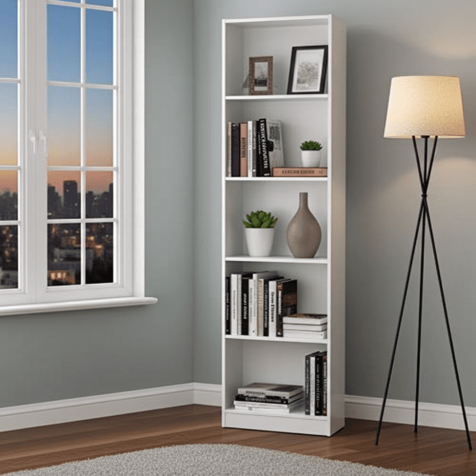Lavish Kitchen Isle Niss Arctic White five-tier shelving unit with sleek, elegant design for storage and display.