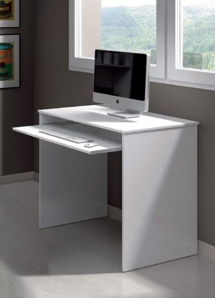 Lavish Kitchen Isle Brevon small white Arctic desk with pull-out keyboard tray and reversible legs for compact home office setup.