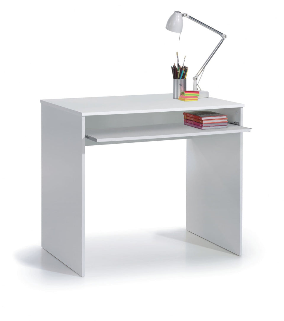 Small Arctic White Lavish Kitchen Isle desk with pull-out keyboard tray and reversible legs for compact home office or study space.