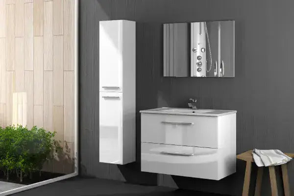Milano white gloss floating bathroom cupboard with two doors, wall-mounted storage unit by Lavish Kitchen Isle.