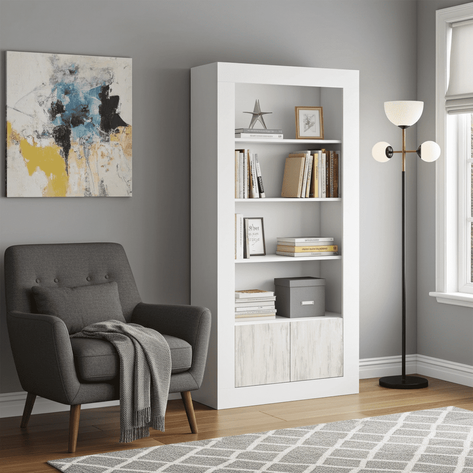 Lavish Kitchen Isle Tre-Wah white and wood effect tall bookcase with 5 shelves, 2 doors, and open compartments for modern storage.