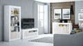 Lavish Kitchen Isle Tre-Wah modern TV stand cabinet in white and wood effect with 2 doors and open shelving for living room storage.