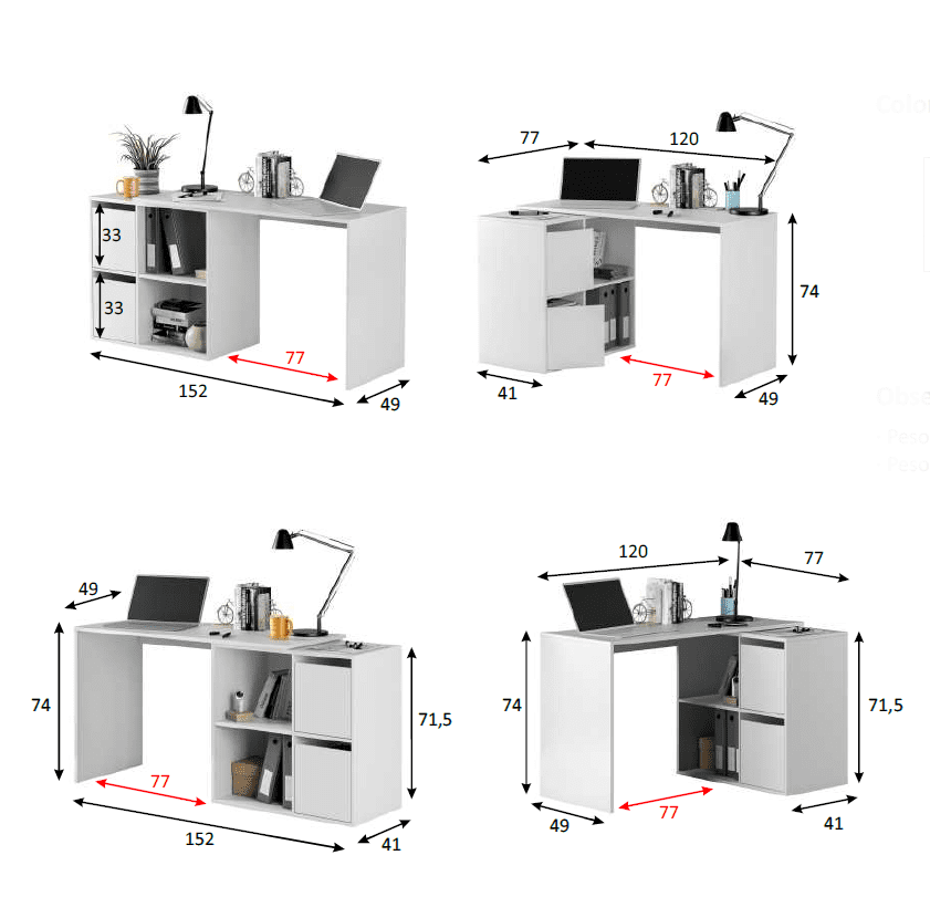 White reversible desk with storage and cupboards from Lavish Kitchen Isle, featuring a modern home office design with flexible corner layout.