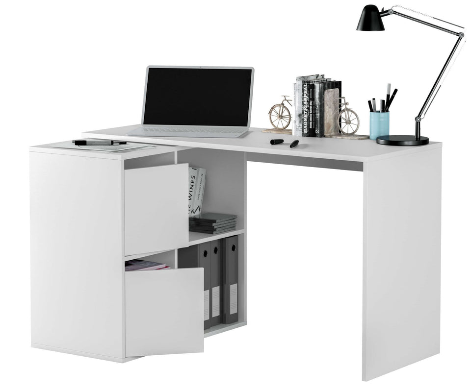 Lavish Kitchen Isle Drift White Reversible Desk with storage and cupboards, designed for home office use, shown in a corner setup