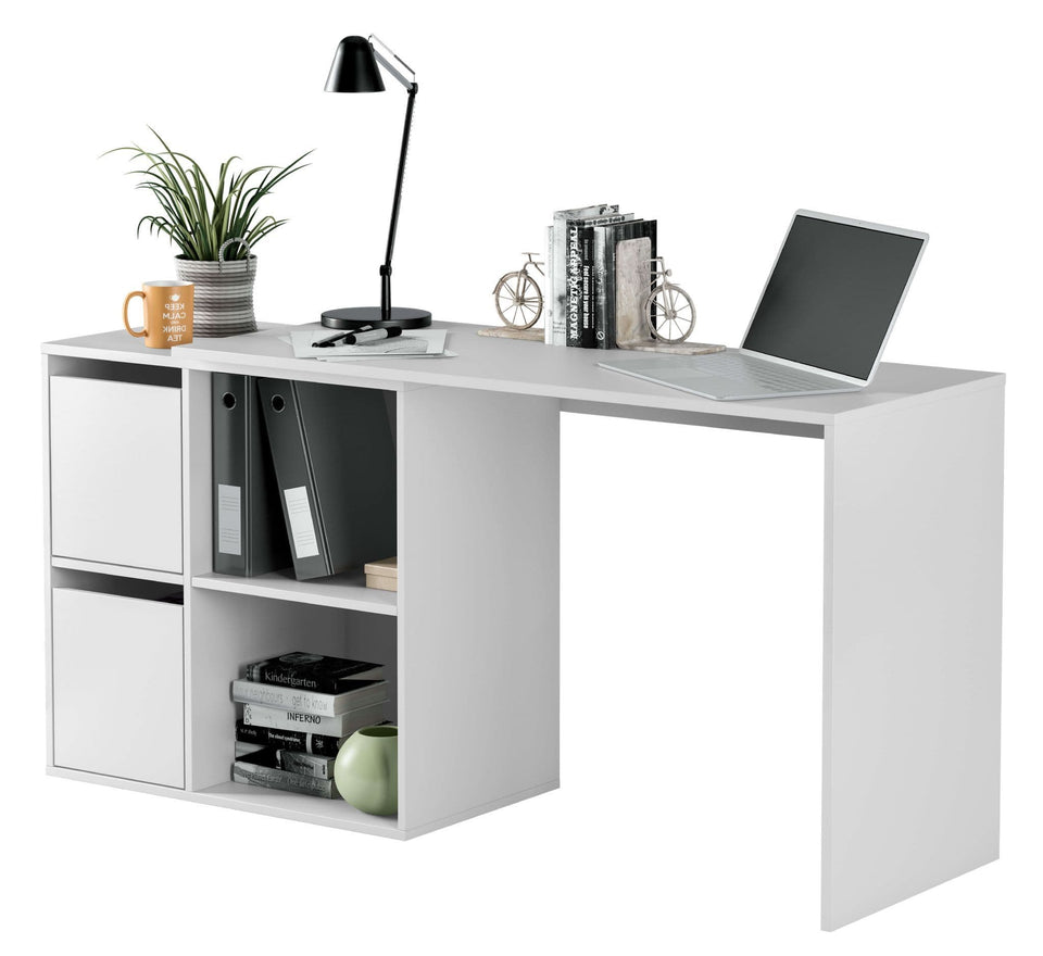 White reversible Drift desk by Lavish Kitchen Isle, featuring storage, cupboards, and a flexible corner design for home office use.