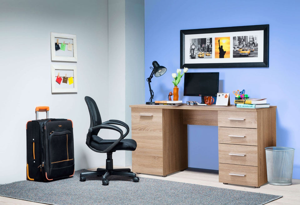 Lavish Kitchen Isle Enclave Oak Effect Office Desk with four drawers, storage cupboard, and workspace for home or study.