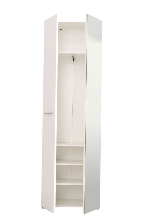 White Gloss Mirrored Wardrobe 60cm with Shelves & Hanging Rail – Oak Effect