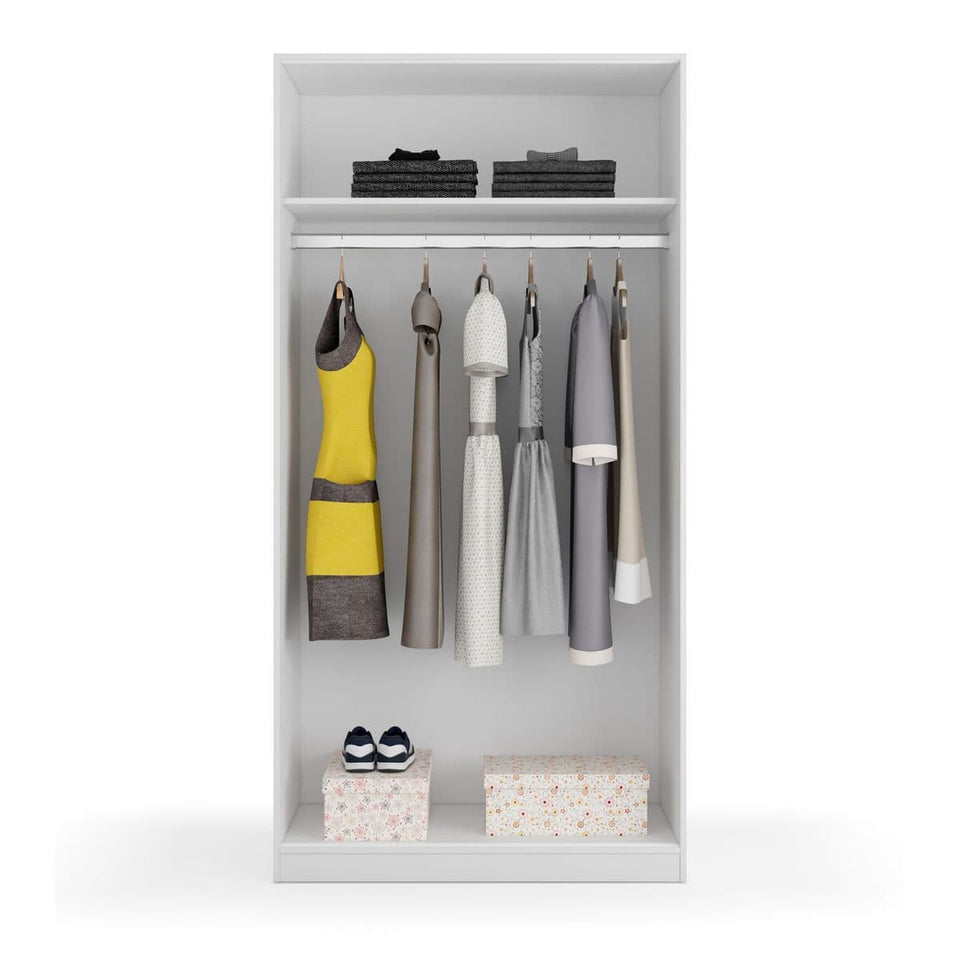 White Sliding Door Wardrobe 2 Door 100cm – Narrow Bedroom Storage with Hanging Rail & Shelf