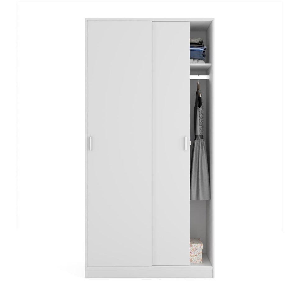 White sliding door wardrobe with two doors, 100cm wide, featuring hanging rail and shelf for narrow bedroom storage by Lavish Kitchen Isle.