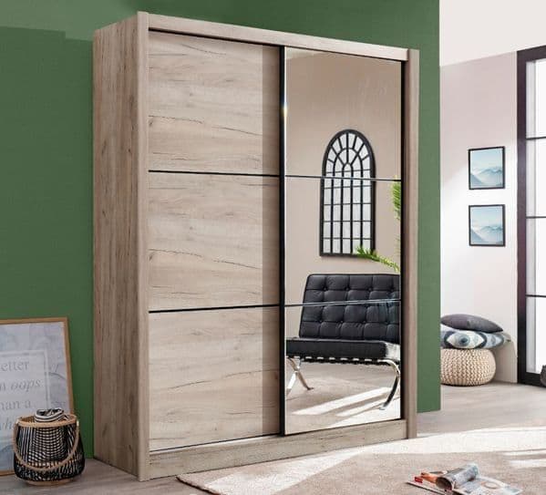 Oak effect sliding door wardrobe with full-length mirror, 166cm wide, ideal for bedroom storage by Lavish Kitchen Isle.
