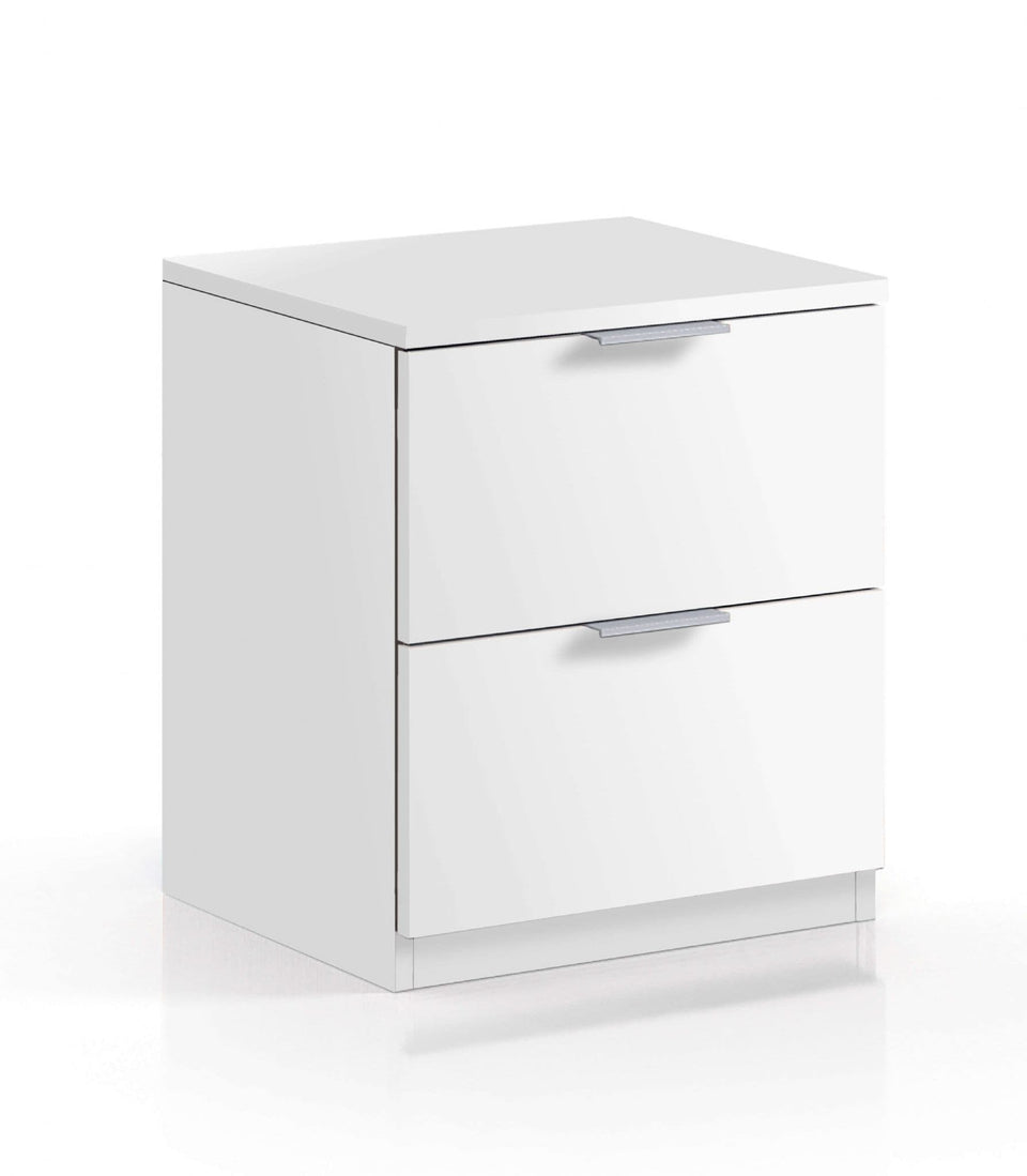 Contemporary white bedside table with two drawers, compact 38 cm design, by Lavish Kitchen Isle, showing smooth drawer fronts and modern style.