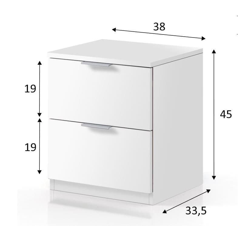 Contemporary white bedside table with two drawers, compact 38cm design by Lavish Kitchen Isle, featuring sleek modern style.