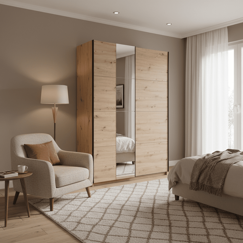 Oak effect sliding wardrobe with mirror from Lavish Kitchen Isle, featuring hanging rail and adjustable shelves for space saving.