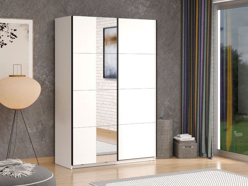 Sliding Wardrobe with Mirror White 145cm Wardrobe Storage with Hanging Rail and Shelves Bedroom Furniture