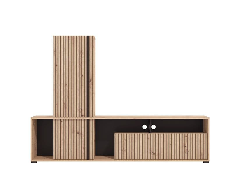 Modern wide TV stand cabinet in artisan oak finish with black accents, featuring slatted design, from Lavish Kitchen Isle.