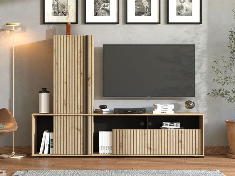 Modern wide TV stand cabinet in artisan oak with black accents, featuring slatted design, from Lavish Kitchen Isle.