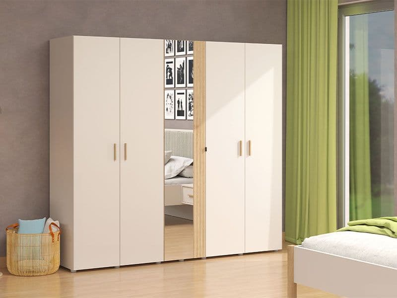 Lavish Kitchen Isle cashmere and oak effect 5-door mirrored wardrobe for modern bedroom storage with sleek design and large mirrors.