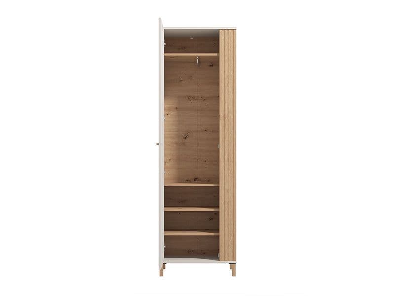 Slim Cashmere Taupe and Oak Effect Wardrobe by Lavish Kitchen Isle featuring hanging rail and shelves for compact storage.