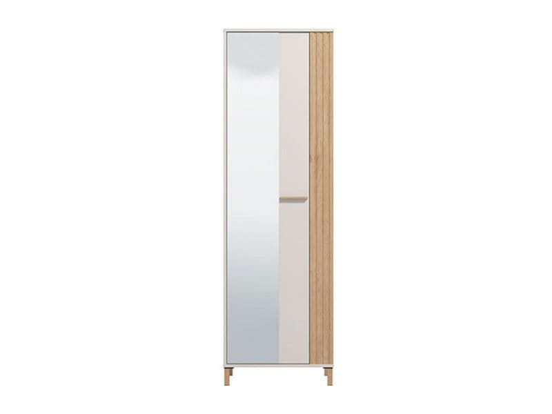 Slim cashmere taupe and oak effect wardrobe with hanging rail and shelves, designed for narrow spaces in a contemporary style.