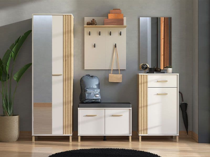 Slim cashmere taupe and oak effect wardrobe with hanging rail and shelves, designed by Lavish Kitchen Isle for compact storage.