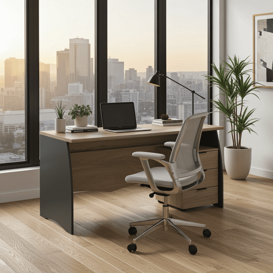 Modern office desk with drawers in oak and grey finish, suitable for home computer setup, by Lavish Kitchen Isle.