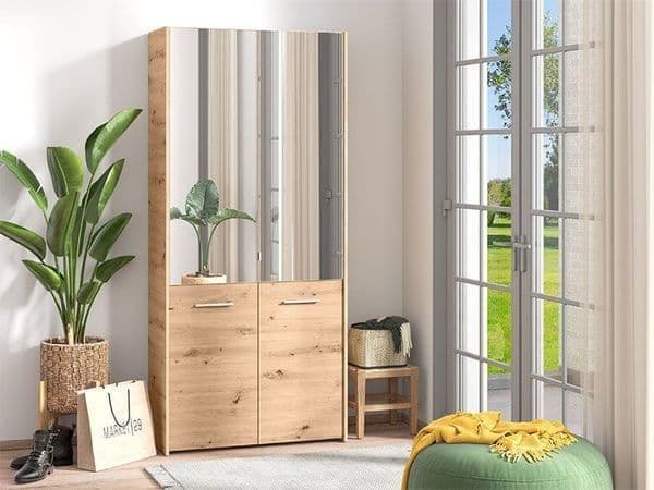 Lavish Oak Effect Mirrored Shoe Cabinet Tall Space-Saving Shoe Rack for Up to 50 Pairs, 8-Shelf Organiser