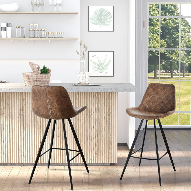 Set Of 2 Bar Stools Vintage Microfiber Cloth Padded Home Bar Cafe Kitchen Chair Dark