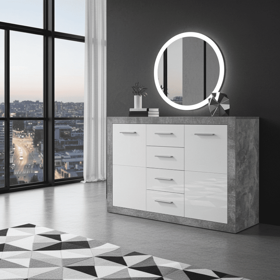 Lavish Kitchen Isle Cosmo sideboard with grey and white gloss finish, two doors and four drawers, in a modern storage design.