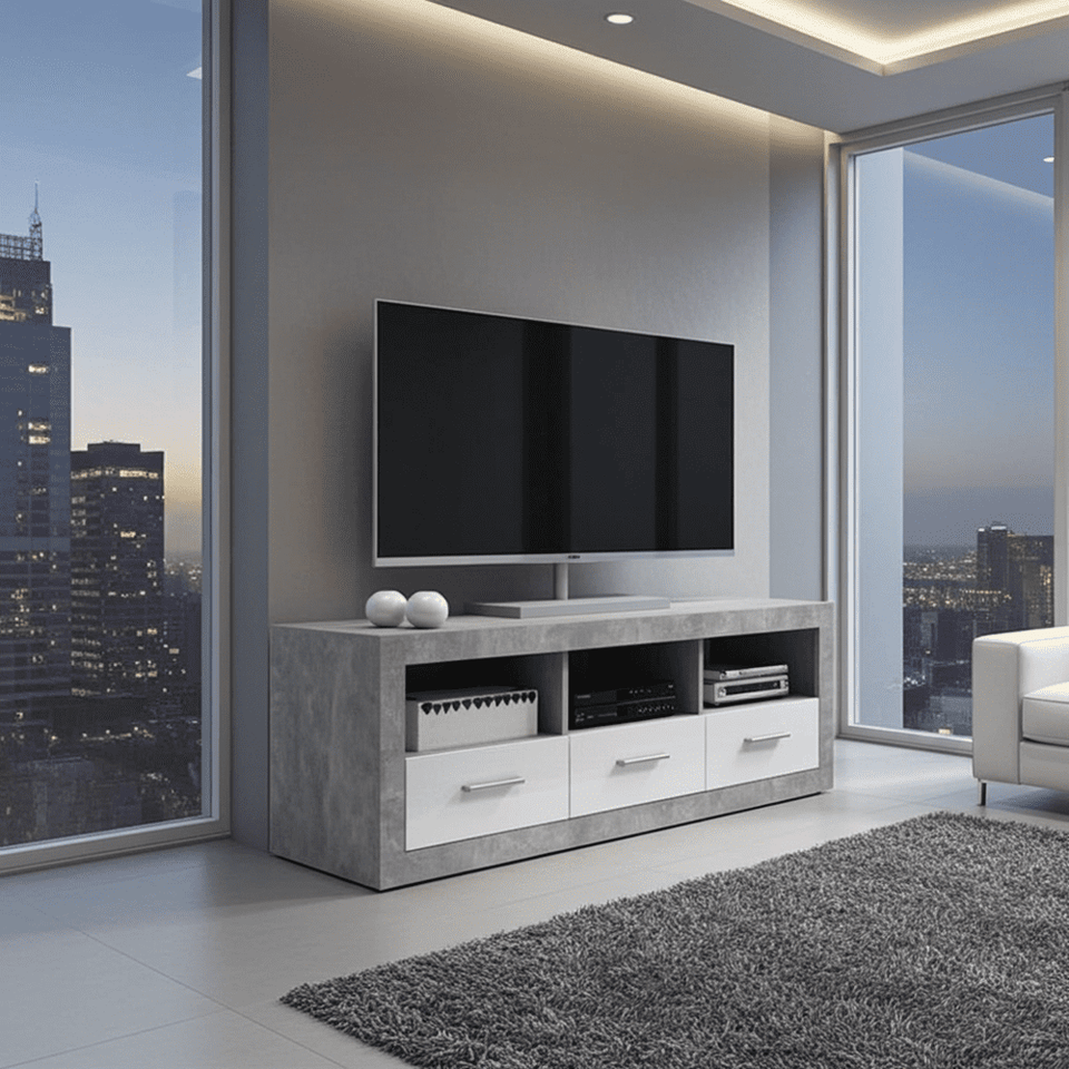 Large grey and white gloss TV cabinet by Lavish Kitchen Isle, modern storage unit with sleek finish and spacious design.