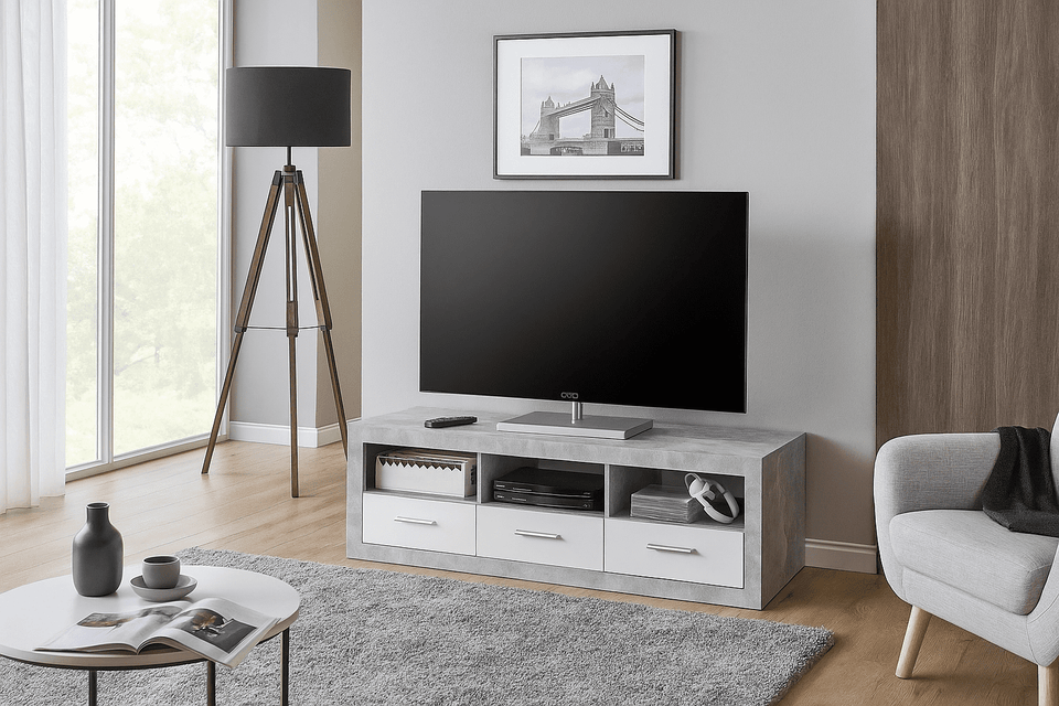 Large grey and white gloss TV cabinet from Lavish Kitchen Isle with sleek modern design and ample storage space.