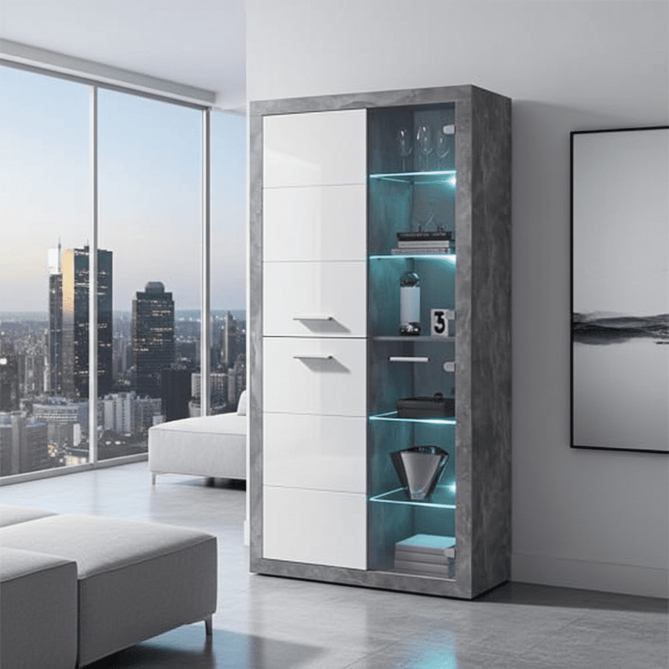 Lavish Kitchen Isle Cosmo tall display cabinet in grey and white gloss with glass doors and multiple shelves.