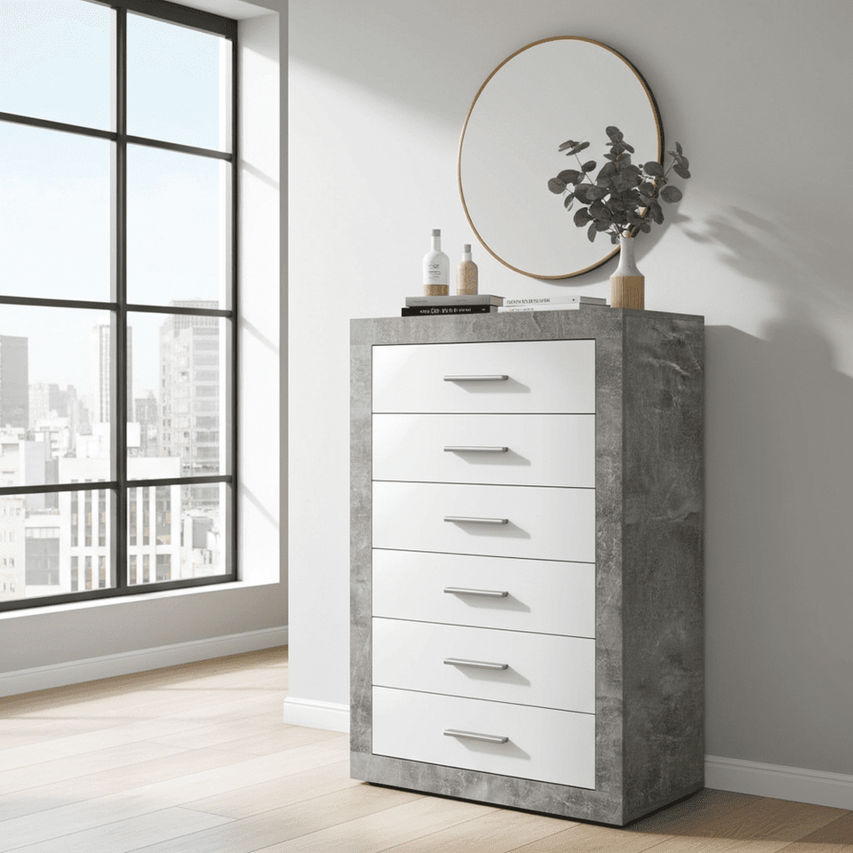 Grey and White Gloss Tallboy Chest of Drawers – 6 Drawer Bedroom Storage Unit
