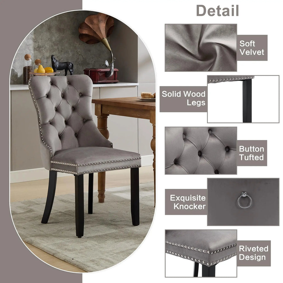 Set of 2 grey and beige velvet dining chairs with button tufted backrests and knocker ring accents, by Lavish Kitchen Isle.