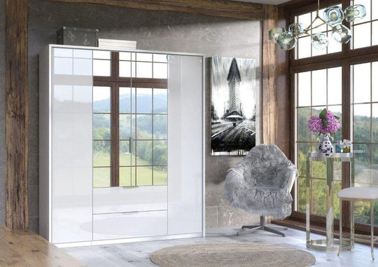 White High Gloss 4 Door 2 Drawer Mirrored Wardrobe – Modern Bedroom Storage with Shelves & Rails
