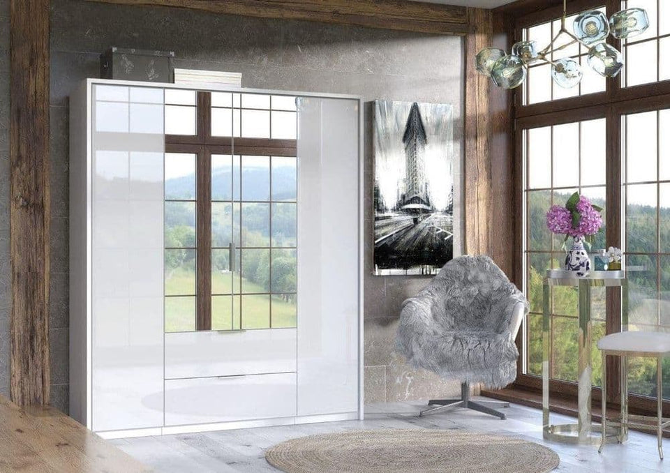 White High Gloss 4 Door 2 Drawer Mirrored Wardrobe – Modern Bedroom Storage with Shelves & Rails