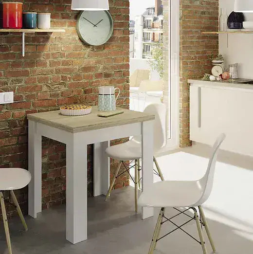 White and light oak effect extending dining table from Lavish Kitchen Isle, modern small kitchen furniture with sleek design.