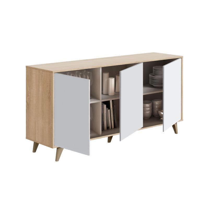 White and Oak Effect 3 Door Sideboard – Modern Wide Storage Cabinet with 6 Compartments