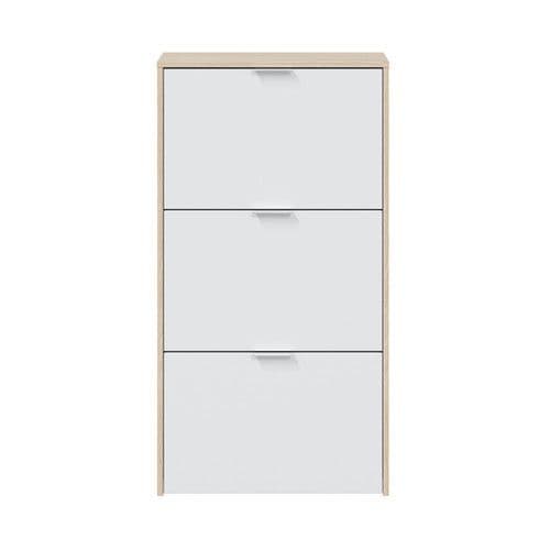Marco White and Oak Effect Shoe Rack Cabinet Space-Saving Organiser with 3 Folding Doors for 18 Pairs