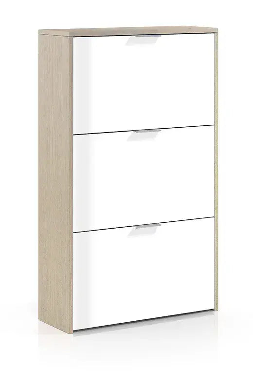 Marco White and Oak Effect Shoe Rack Cabinet Space-Saving Organiser with 3 Folding Doors for 18 Pairs