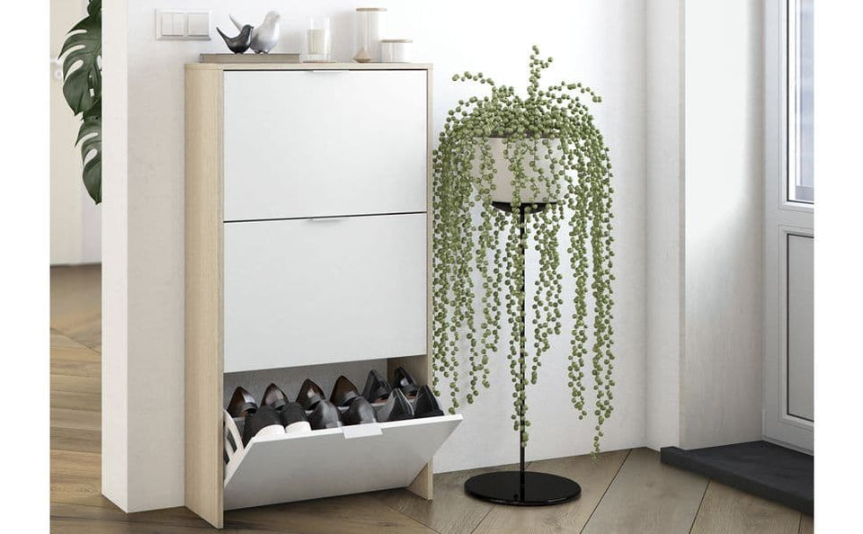 Marco White and Oak Effect Shoe Rack Cabinet Space-Saving Organiser with 3 Folding Doors for 18 Pairs