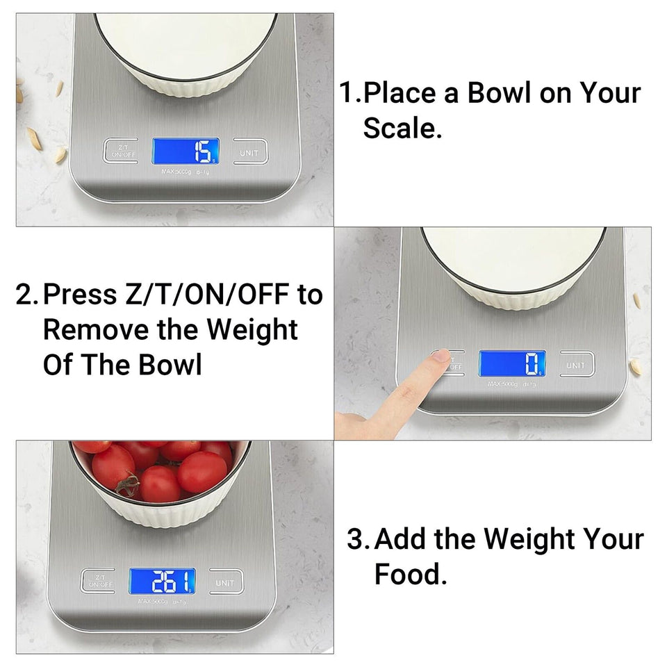 Digital Kitchen Scales 10kg for Cooking, LCD Display, Multifunctional, Tare Feature, Stainless Steel