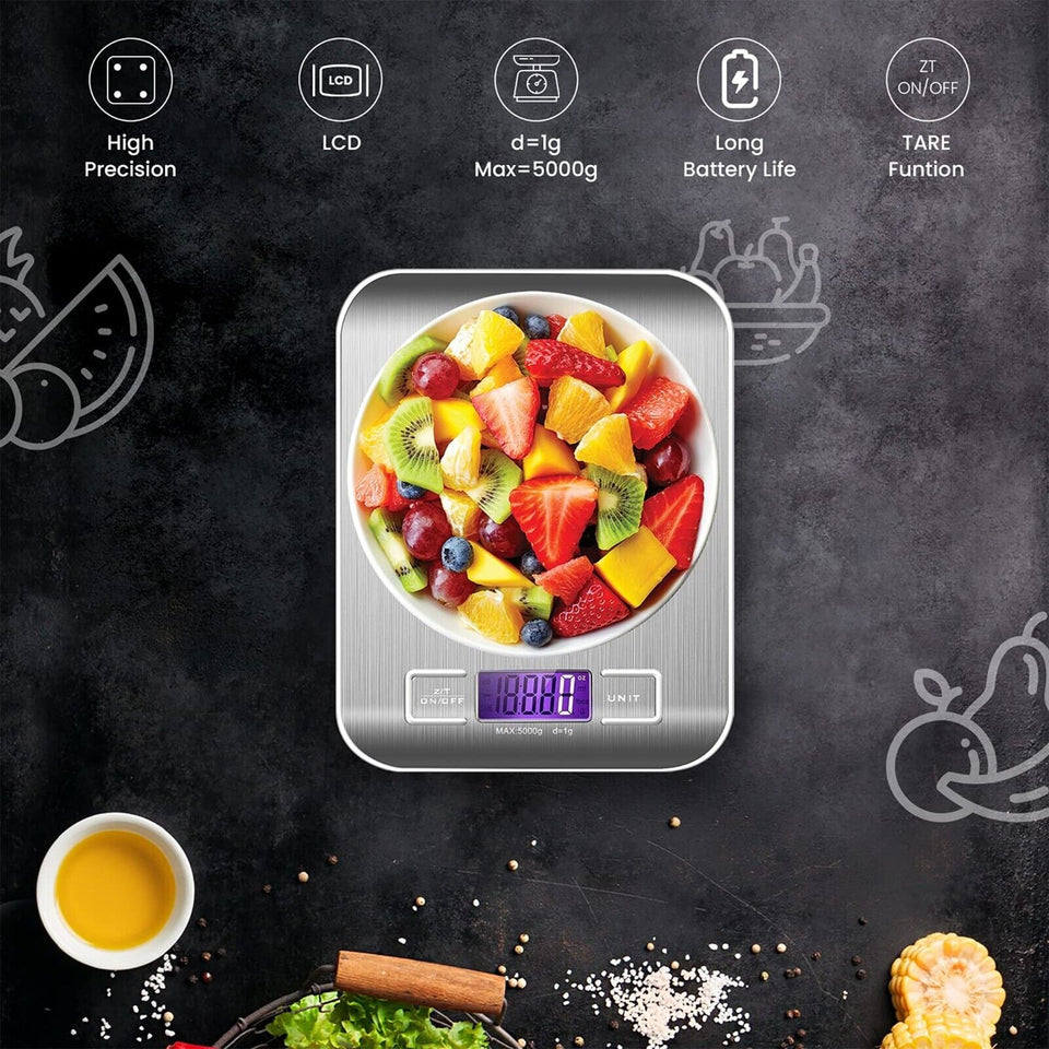 Digital Kitchen Scales 10kg for Cooking, LCD Display, Multifunctional, Tare Feature, Stainless Steel
