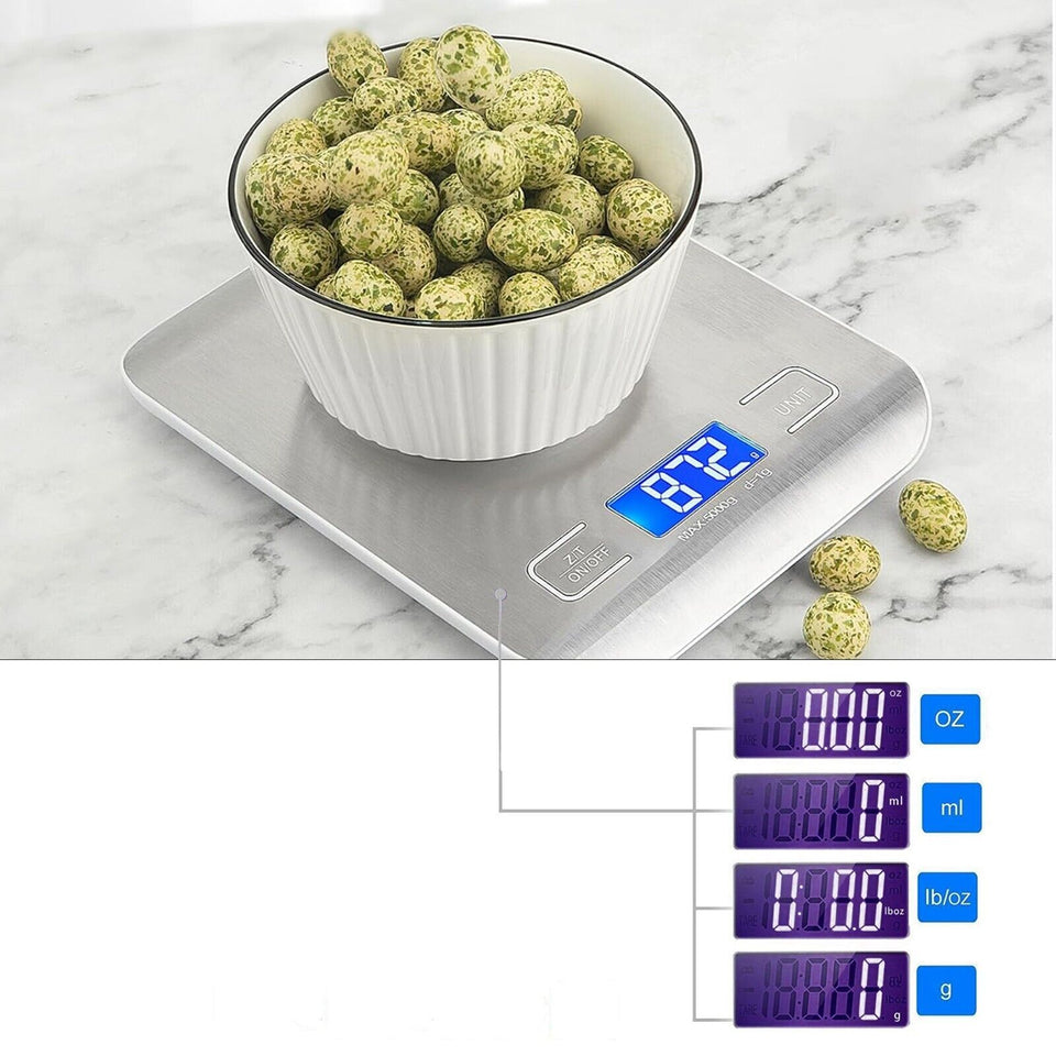Digital Kitchen Scales 10kg for Cooking, LCD Display, Multifunctional, Tare Feature, Stainless Steel