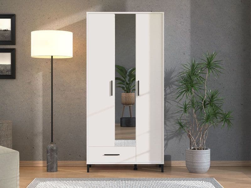 Matte white 3-door mirrored wardrobe by Lavish Kitchen Isle, tall and space-saving storage for hallway or bedroom.