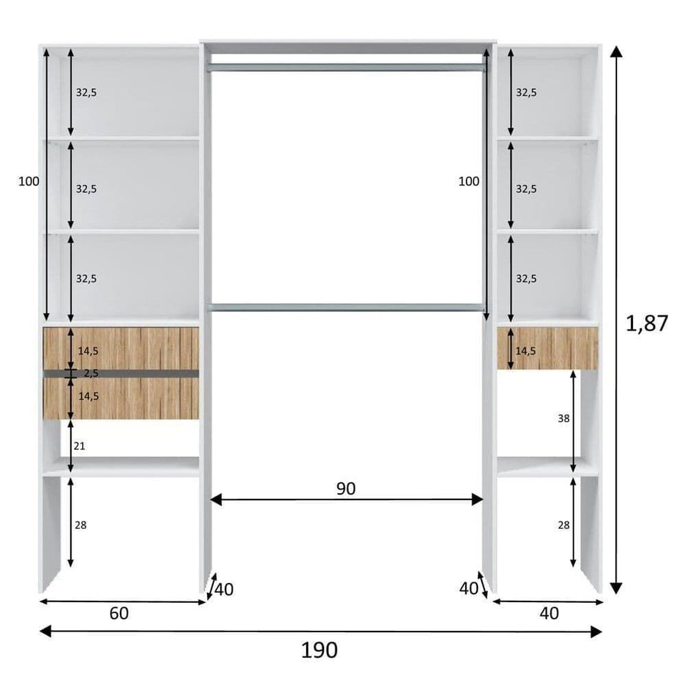 Natural oak effect and white open door wardrobe by Lavish Kitchen Isle, featuring shelves, drawers, and hanging rail inside.