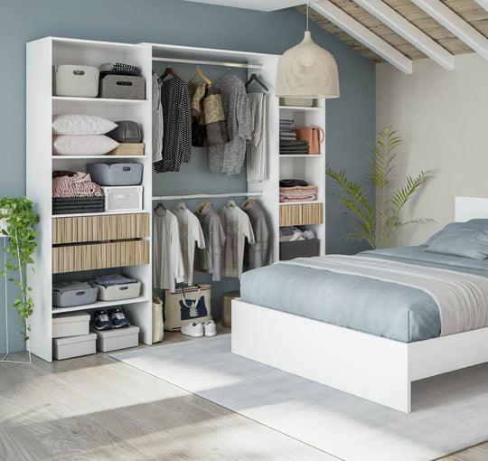 Natural Oak Effect & White Open Door Wardrobe – 190cm Wide with Shelves & Drawers