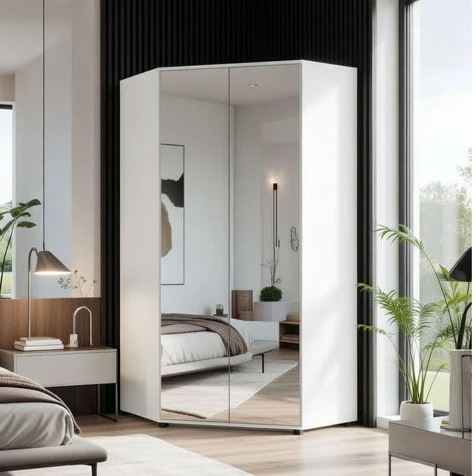 Lavish Kitchen Isle Arctic Elegance corner wardrobe with mirrored doors, hanging rails, and shelving for space-saving storage.