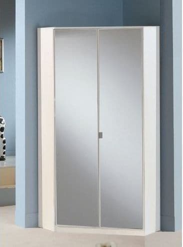 Lavish Kitchen Isle Arctic Elegance corner wardrobe with mirrored doors, hanging rails, and shelving for space-saving storage.